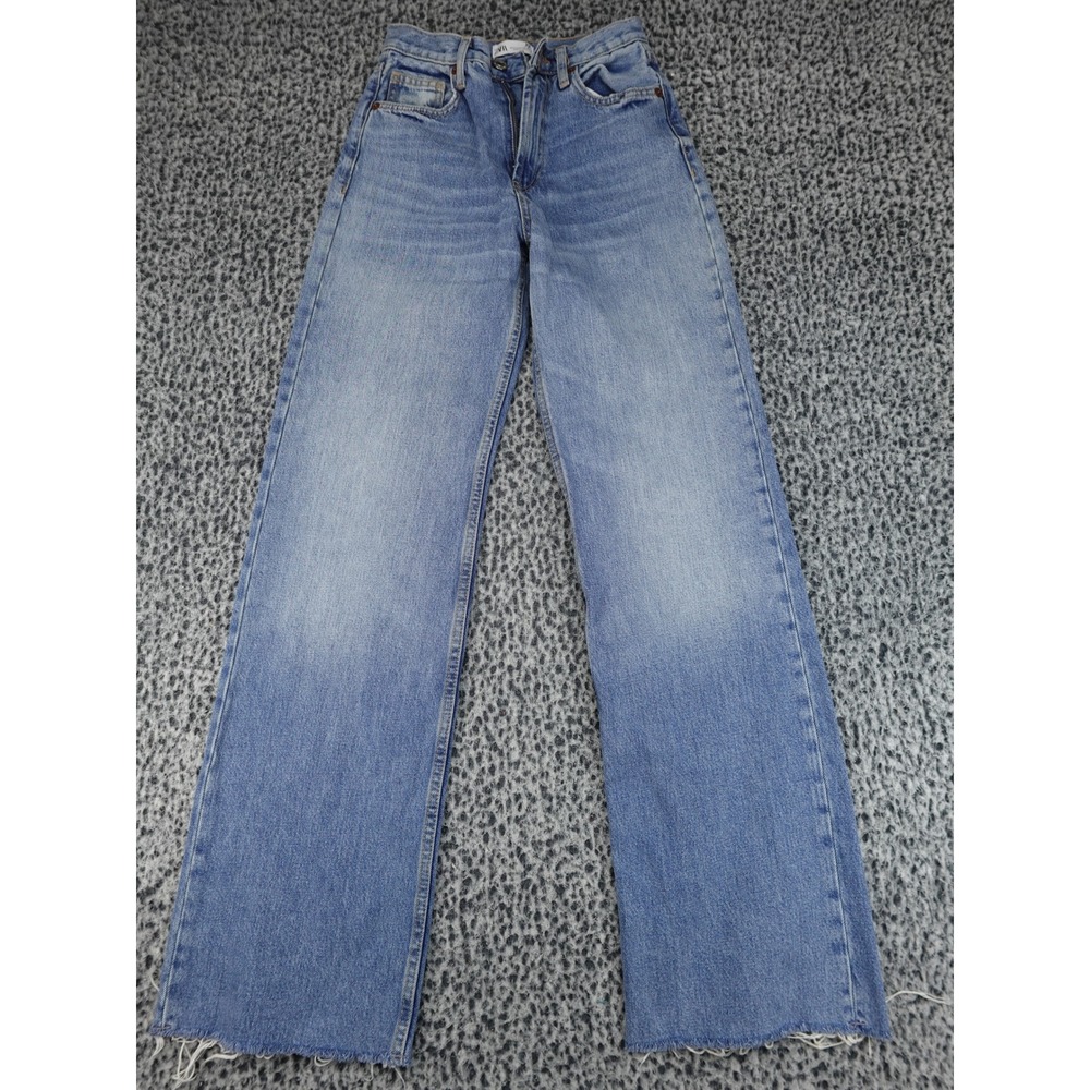 Zara Wide Leg Jeans Womens 2 Blue High Rise Raw Hem Medium Wash Denim